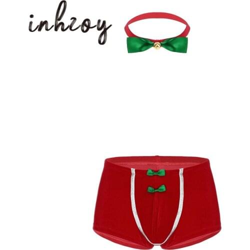 Men Lingerie Red Soft Velvet Christmas Underwear Fancy Costume Sexy Boxer Shorts Male Panties Festival Rave Bowtie Underpants