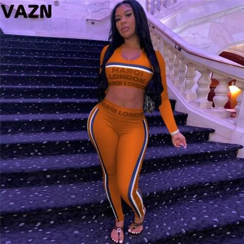 VAZN 2020 New Novelty Style Soft Elastic Letter Sexy Club Open Full Sleeve Top High Waist Long pants Skinny Women 2 Piece Set