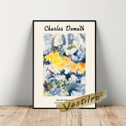 Charles Demuth Poster, Demuth Yellow And Blue Watercolor Painting, Vintage Abstract Flower Canvas Prints, Plant Floral Wall Art