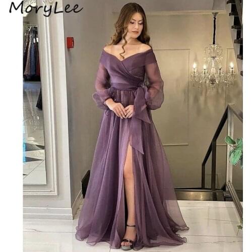 Hot Prom Dresses Long Sleeves A-Line Side Slit Tulle Prom Dresses With Zipper Back vestidos de fiesta de noche