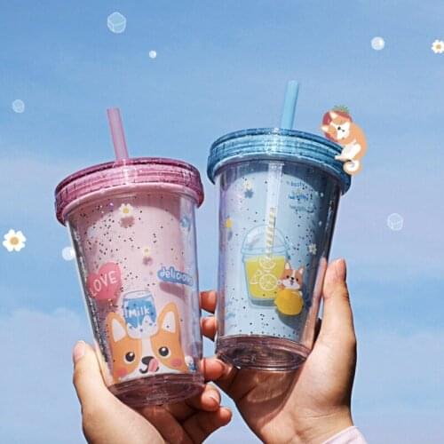 Portable Lovely Cartoon Mug Creative Double Layer Plastic Water Bottle With Straw Yogurt Mug Best Cup Kid Gift For Women Lovers
