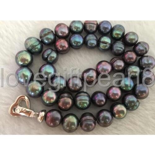 Stunning AAA11-12mm Tahitian black green pearl necklace 20inch