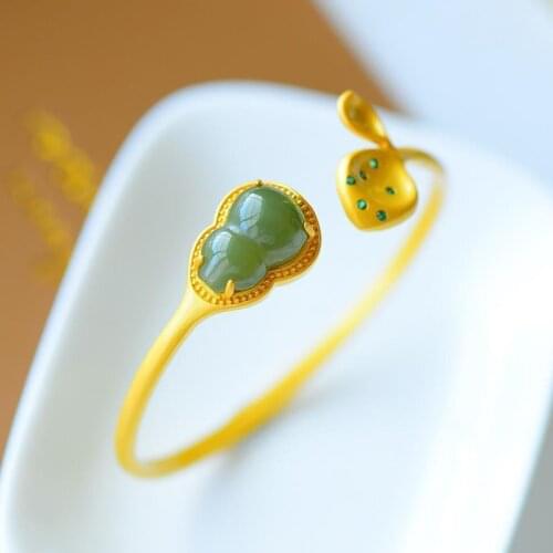 S925 Sterling Silver Gourd Bracelet Natural Hetian Jade Gray Jade Personality Gourd Leaf Open Temperament Bracelet Ornament Wome