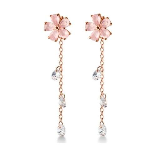 Authentic Real 100% 925 Sterling Silver fine Jewelry Piercing Pink Quartz five-petaled flower Dangle Earrings Tassel C-G7012