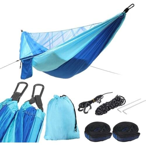 Blue Double Camping Hammock With Mosquito Net Outdoor High Strength Fabric Hanging Bed Sleeping Swing