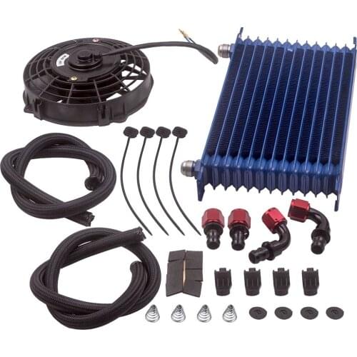 AN10 Universal 13 Row Engine Trust Oil Cooler + 7" Electric Cooling Fan Kit Blue