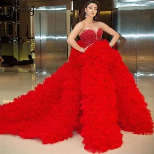 Amazing Puffy Tulle Evening Dresses платье 2021 Sweetheart Long Train Tiered Unique Prom Dress Beaded Red Carpet Pageant Gown