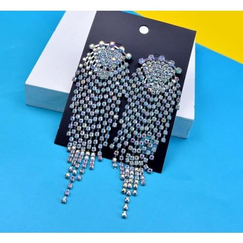 CINDY XIANG New Statement AB Color Rhinestone Long Tassel Earrings for Women Geometric Large Water Drop Earrings Wedding Jewelry