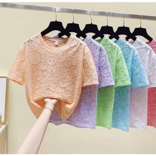 Gkfnmt Short Sleeve T Shirt Women Cotton Pink Tops Summer Tees Smiley T-Shirt Woman Casual Happy White Tshirt Femme 2021