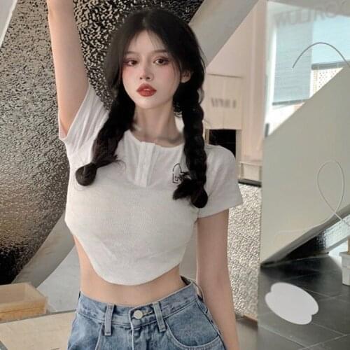 Summer Womens Casual Short Paragraph Solid Color Cultivating Short-Sleeved Shirt Printing Rounded Korean Lovely Sweet Crop Top