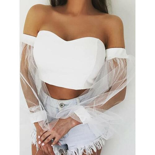 New womens sexy strapless deep V-neck cropped shirt fashion ladies puff sleeve shirt mesh long sleeve white Black
