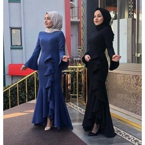 2019 Dubai Women Muslim Maxi Dress Abaya Kaftan Bodycon Fishtail Islamic Robe Gown Flare Sleeve Ruffle Arab Elegant Party Dress