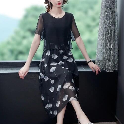 Chikichi 2021 Spring and Summer New Loose Large Size O-neck Leaf Print Black Chiffon Long Dress M-4XL Summer Dress Women