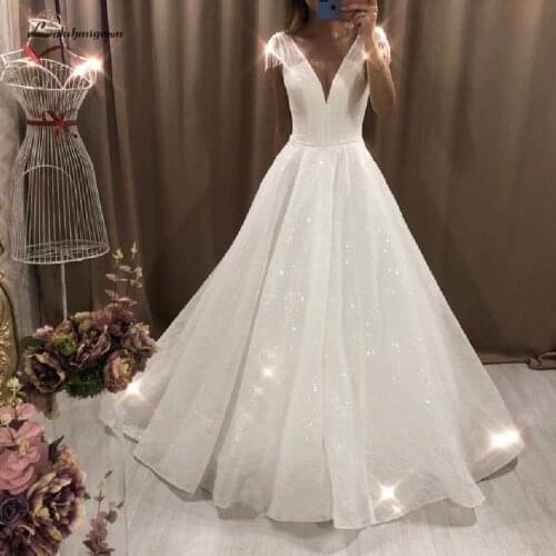 Glitter Princess Wedding Dress Deep V Neck Bling A Line Sexy Bridal Dress Wedding Gowns Corset Lace Up Back 2020 Vestido Novia