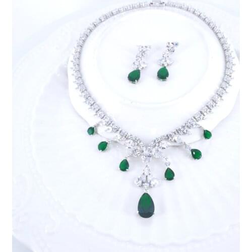 2020 new fashion luxury retro green CZ zircon wedding bride banquet party dress necklace earring jewelry set free shipping