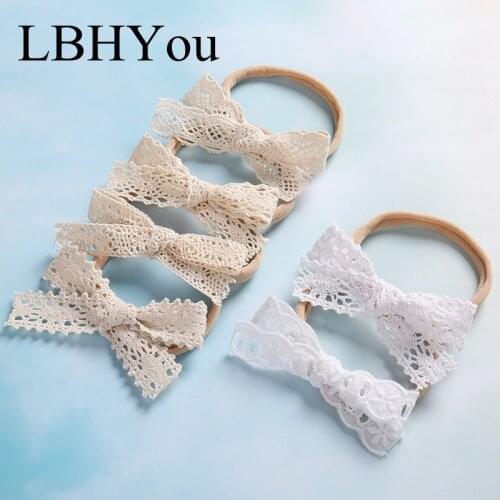 4pcs/lot Handmade Lace Bows Nylon Headbands Elastic Soft Nylon Headwraps With Knot Bows Hair Tie Girls Stretchy Head Bands