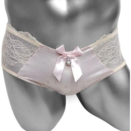Shiny Sexy Lace Satin Sissy Panties Briefs Underwear for Men Brand Fashion Floral Wet Look Lolita Male Underpants