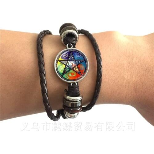 Black/Brown Occult The Inverted Star Sign Pentagram Satanic Pentagram Star Symbols Glass Leather Bracelets Men Women Jewelry