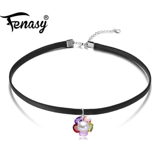 FENASY Fashion Leaf Pearl Choker Flower Chokers Necklace For Women 925 Sterling Silver Leaves Freshwater Pearl Pendant New