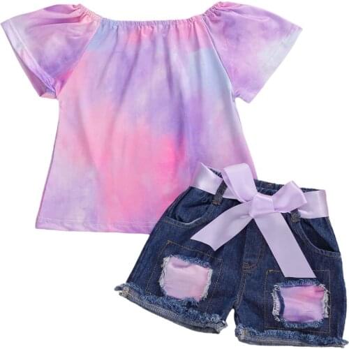 Two Piece Children Kids Girls Outfits Tie Dye Print Short Sleeve O Neck Top Jeans Shorts Infant Toddler Summer Sets 1-6T