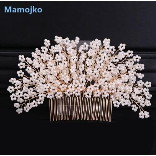 Mamojko Wedding Headdress Bride Hair Accessories Luxury Full Pearl Flower Gold Bride Hair Comb Handmade Lady Hair Jewelry