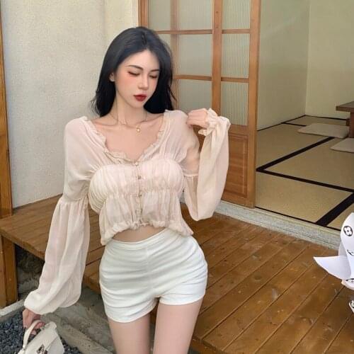 Fashion Women Blouses 2021 Summer Elegant Long Sleeve V-neck Crop Top Puff Sleeve Chiffon Shirts Female Clothing Korean Chic