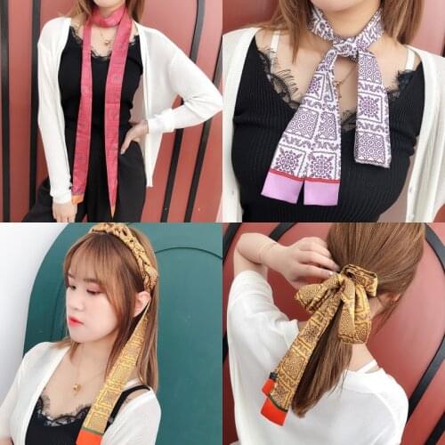 New Design 190cm Long Skinny Scarf Floral Print Women Silk Scarf Small Handle Bag Ribbons Female Head Scarves & Wraps For Ladies