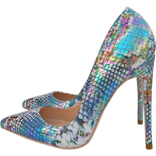 Blue Women Sexy 12cm High Heel Pattern Snake Print High Heel Design Lady Dress Club Shoes plus size 45 QP093 CHENSIR9