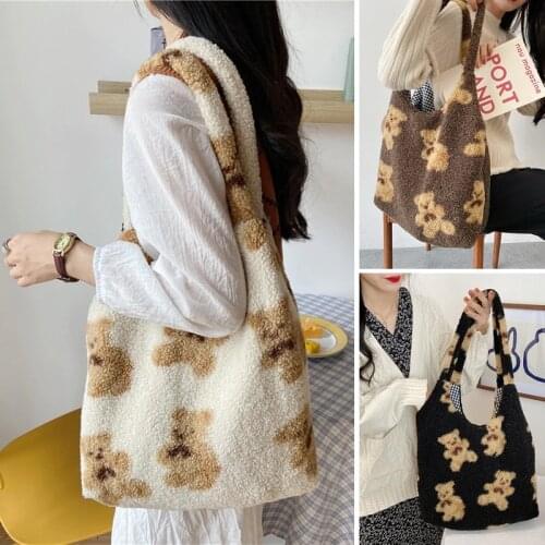 Womens Kawaii Lamb Fabric Shoulder Bag Handbag Tote Large Capacity Embroidery Shopper Bags Cute Bag For Girls New Design