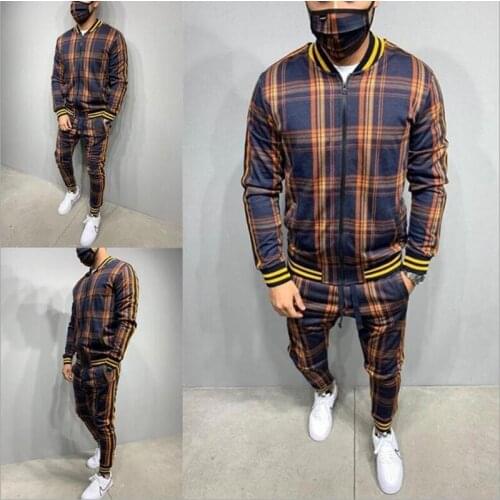 Mens Set Autumn Tracksuit Men Sportswear 2 Piece Sets Sports Suit Jacket + Pants Sweatsuit Male Luxury Plaid pattern Full Set