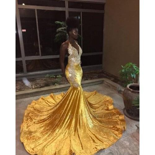 Vestido de festa New Arrivals Yellow Prom Dresses Gorgeous V-Neck Sleeveless Mermaid Appliques vestidos de fiesta de noche