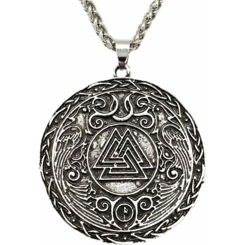 Ravens Odin Valknut Symbol Nordic Amulet Talisman Jewelry Viking Necklace Fleur De Vie On Back