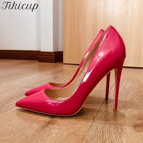 Tikicup Dark Rose Women Patent Pointed Toe Extremely High Heels 8cm 10cm 12cm Elegant Ladies Solid Stiletto Pumps Size 33-45