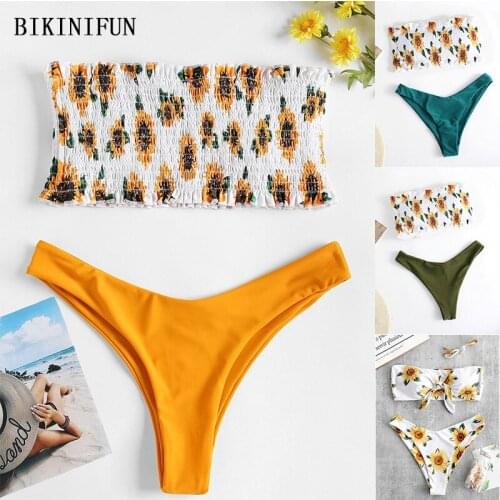 2020 New Sexy Smocked Btralette Bikini Women Floral Swimsuit Strapless Bandeau Bathing Suit S-XL Girl Low Waist Swim Bikini Set