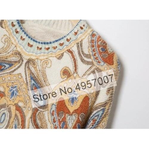 Elfbop Women Wool Mohair Blend Vintage Style Round Neck Knitting Printing Sweater Jumper Pullover Top