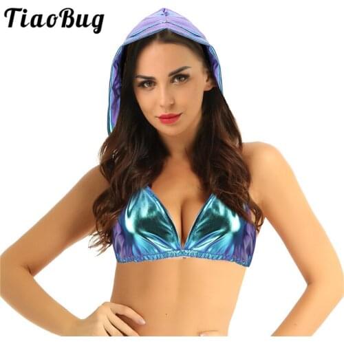 Women Shiny Metallic Deep V Neck Backless Hooded Sexy Swim Bikini Bra Tops Festival Rave Costume Club Performance Dance Crop Top