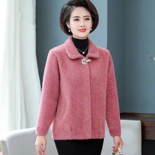 Mid-aged Women Spring Autumn Short Faux Mink Fur Coat Female Turn-down Collar Knit Outcoat Ladies Dot Print Sweater Coats Z165