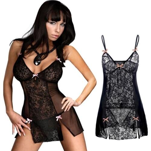 Hot Sales Fast Delivery Black Plus Size S-6XL Sexy Lingerie Sheer Nightdress Bows Babydoll Chemise Sexy Sleepwear