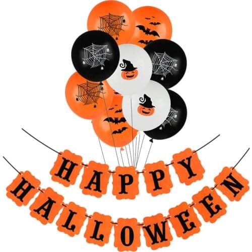 1 Set Happy Halloween Banner with 12inch Latex Balloon Spider Pumpkin Bat Pattern Ballon Halloween Festival Party Decor Supplies