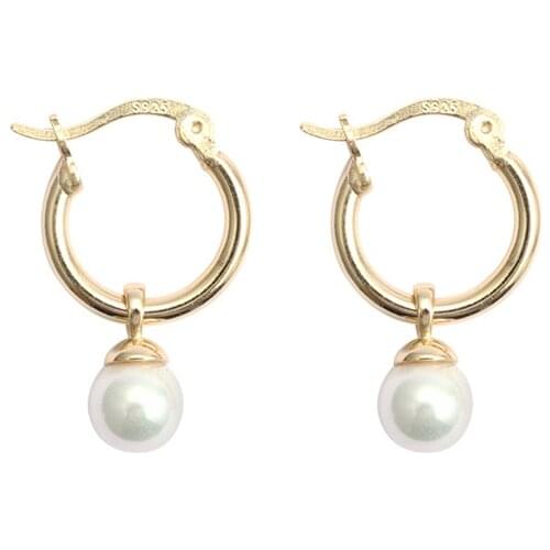 1pair 18K Gold 13.5mm Cute 100% REAL.925 Sterling silver white /Gold Shell Pearl Loop Circle Hoop huggie Earring Charms TLE2138