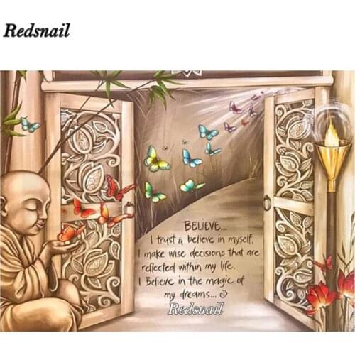 5D DIY Diamond Embroidery Monks and Butterflies door Diamond Painting Cross Stitch Full Square Round Mosaic Rhinstones EE539