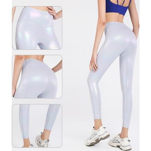 DROZENO Gloss pants bottoming nine-point pants stretch high waist fitness pants bronzing shiny casual sports womens long pants