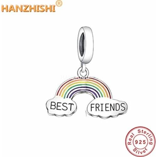 925 Sterling Silver BEST FRIENDS Rainbow Dangle Charms Beads Fit Original Pandora Bracelet Necklace Jewelry Gift for Friends