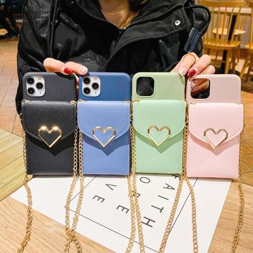 New Love Pattern Card Wallet Phone Case For iPhone 12 11 Pro XR XS Max X 8 7 6S Plus Fashion Strap Cord Chain Lanyard TPU Cover