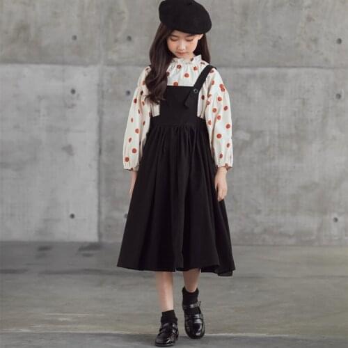 Children Fashion Two Piece Set Autumn 2020 Teen Girls Cute Polka Dot Top and Suspender Skirt Set Kids Girls Clothes Set, #1053