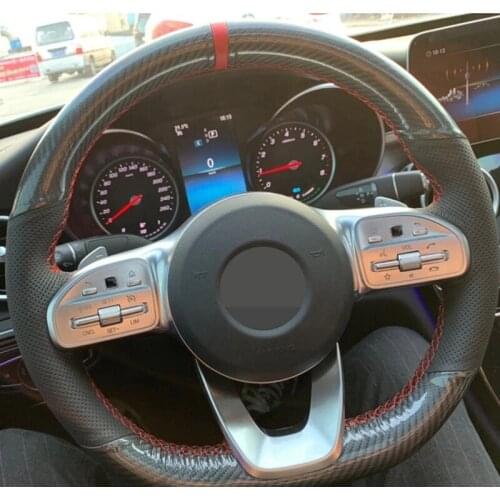 DIY Car Steering Wheel Cover Soft Hand-Stitched Black Carbon Fiber Black Suede For Mercedes-Benz A-Class W177 2018-2019