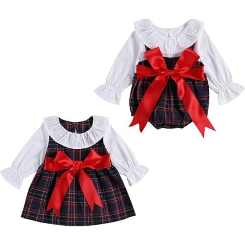 FOCUSNORM Christmas 0-5Y Sister Baby Girls Romper/Dress Peter Pan Collar Long Sleeve Big Bow Plaid Print Outfits