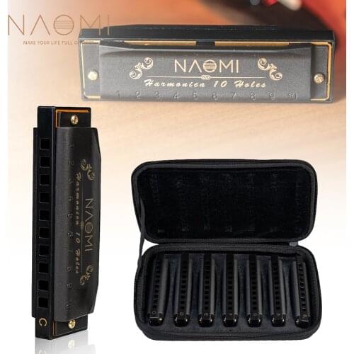 NAOMI Piedmont Blues Harmonica Harp Set of 7 (G, A, Bb, C, D, E, F Keys) 10 Holes with Zippered Carrying Case melodica