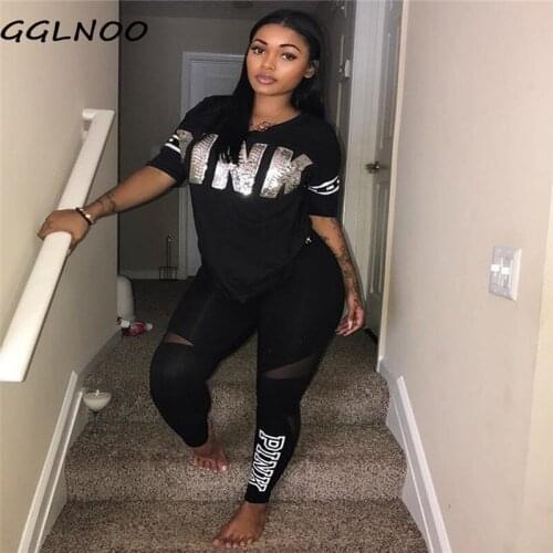 GGLNOO Letter Printing Two Pieces Sweatsuit O Neck Long Sleeve Print Two Pieces Outfits Lady Casual Slim Tracksuits