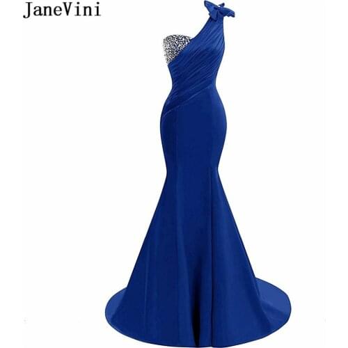 JaneVini Sexy Mermaid Royal Blue Long Bridesmaid Dresses One Shoulder Beaded Backless Satin Dress Sweep Train Prom Party Gowns